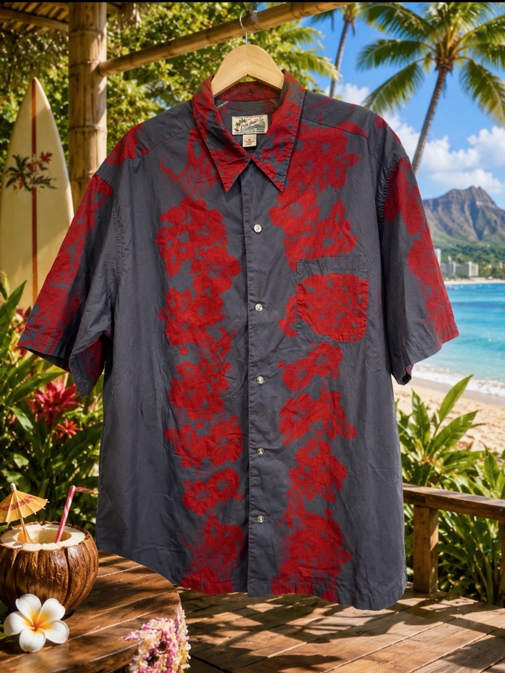 Ralph Lauren polo Jean co Gray & Red Floral Hawaiian Button-Up Shirt size medium